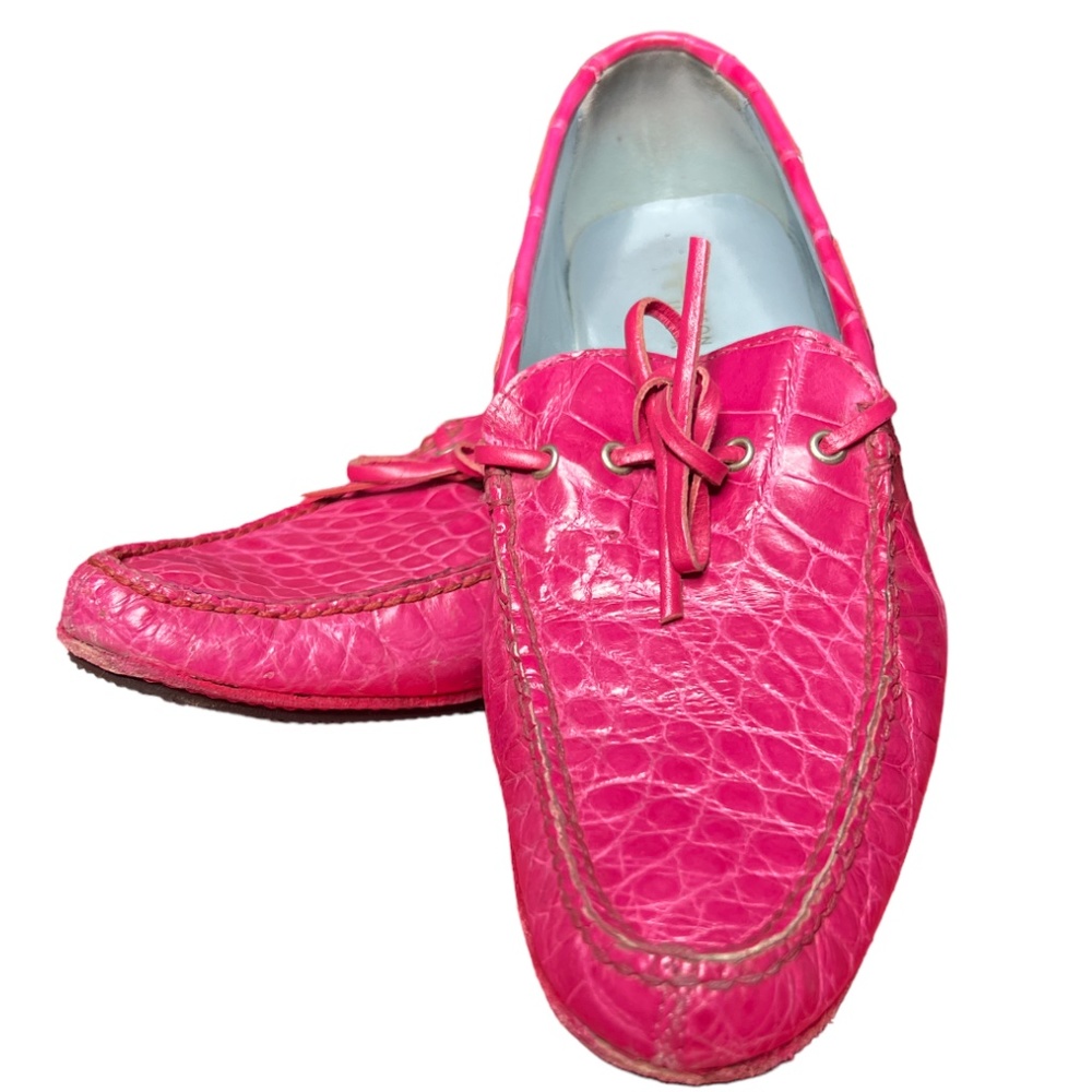 Women's Bright Pink Croc-Embossed Leather Moccasin Loafers